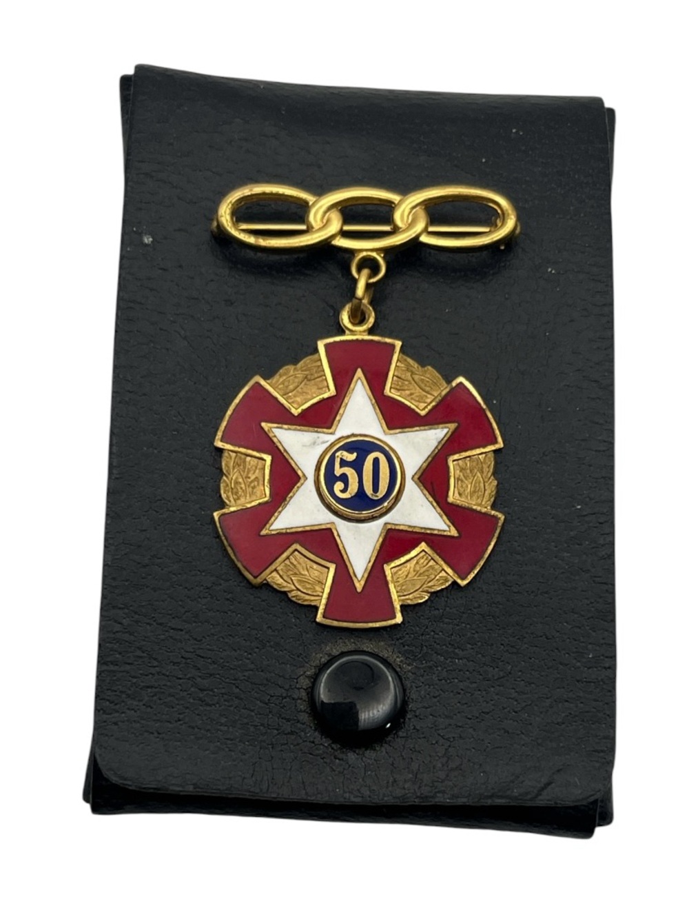 IOOF Order of Odd Fellows 50 year Gold Tone Enamel pin w case vintage MA